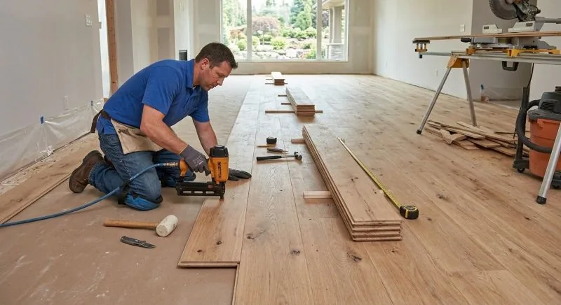 Flooring professional installing wide-plank hardwood in a residential interior